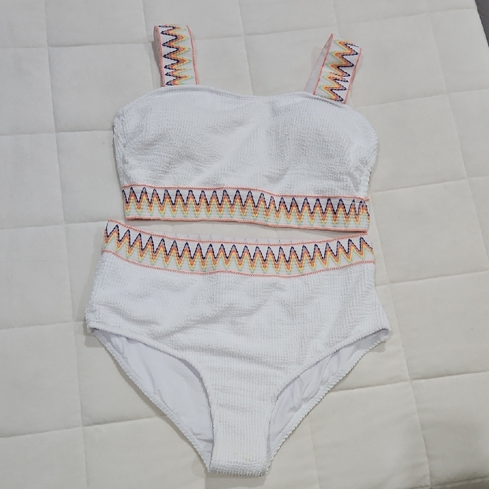White Textured Bikini with Multicolor Accents